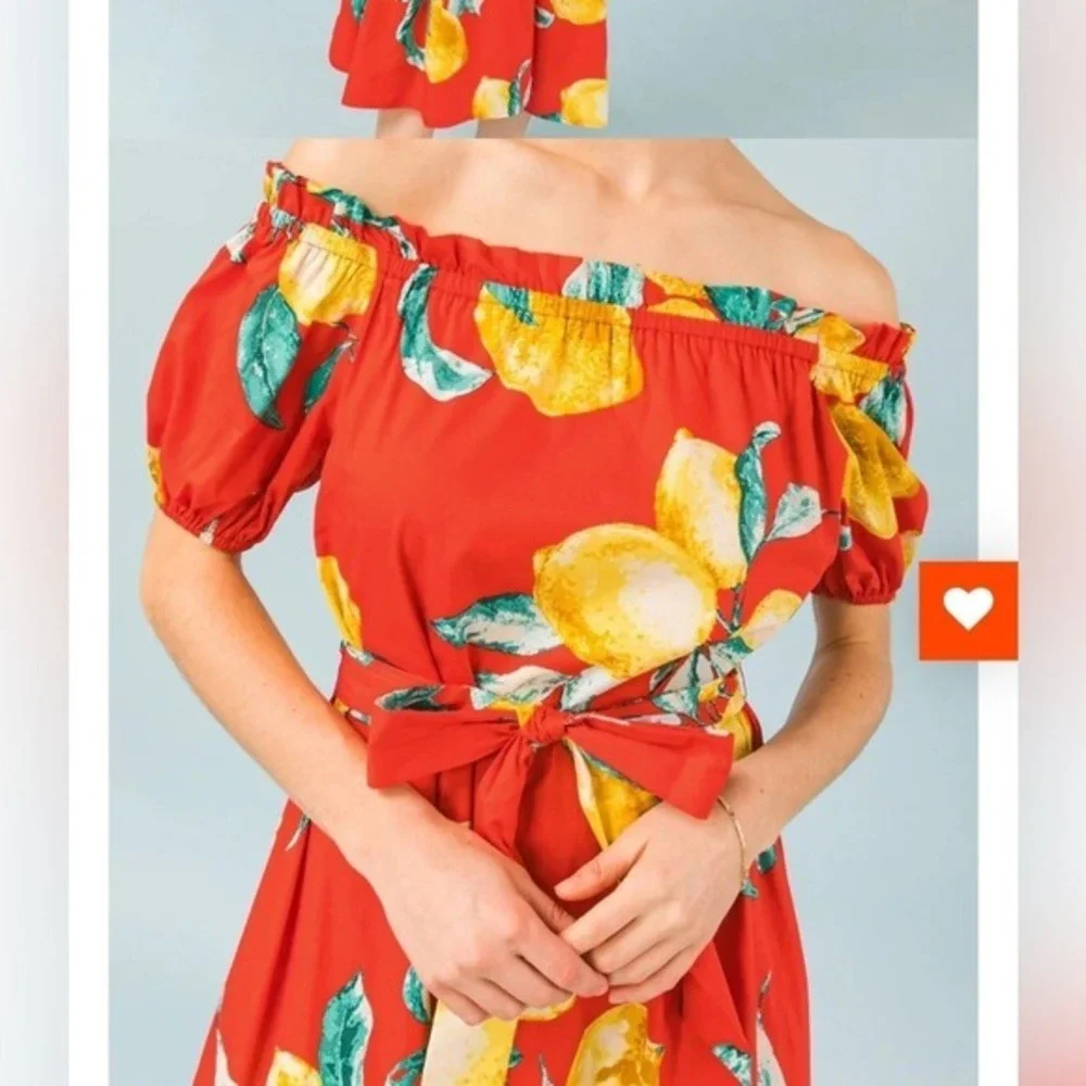 Flying Tomato Red Lemon Print Off Shoulder Cotton Midi Dress